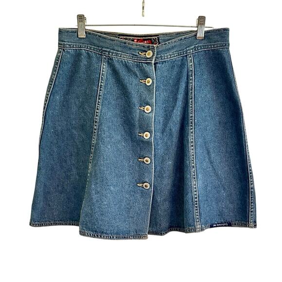 Vtg No Excuses Denim Button Front Skirt Sz 13/14 30” Waist Femme Fatale Patch - Picture 2 of 7